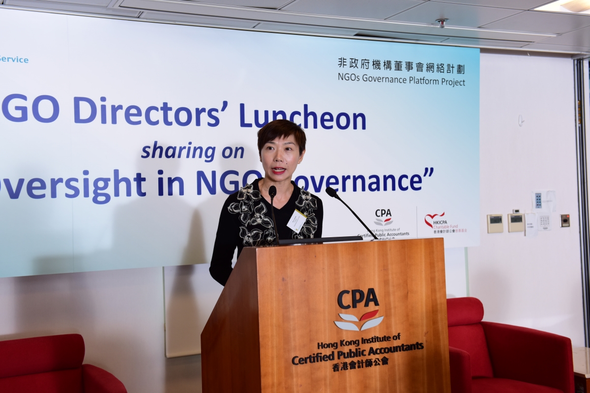 The luncheon was sponsored by the HKICPA Charitable Fund. Ms Ivy Cheung, President of The Hong Kong Institute of CPAs, noted that the Institute commits to support local NGOs in improving their governance practice.