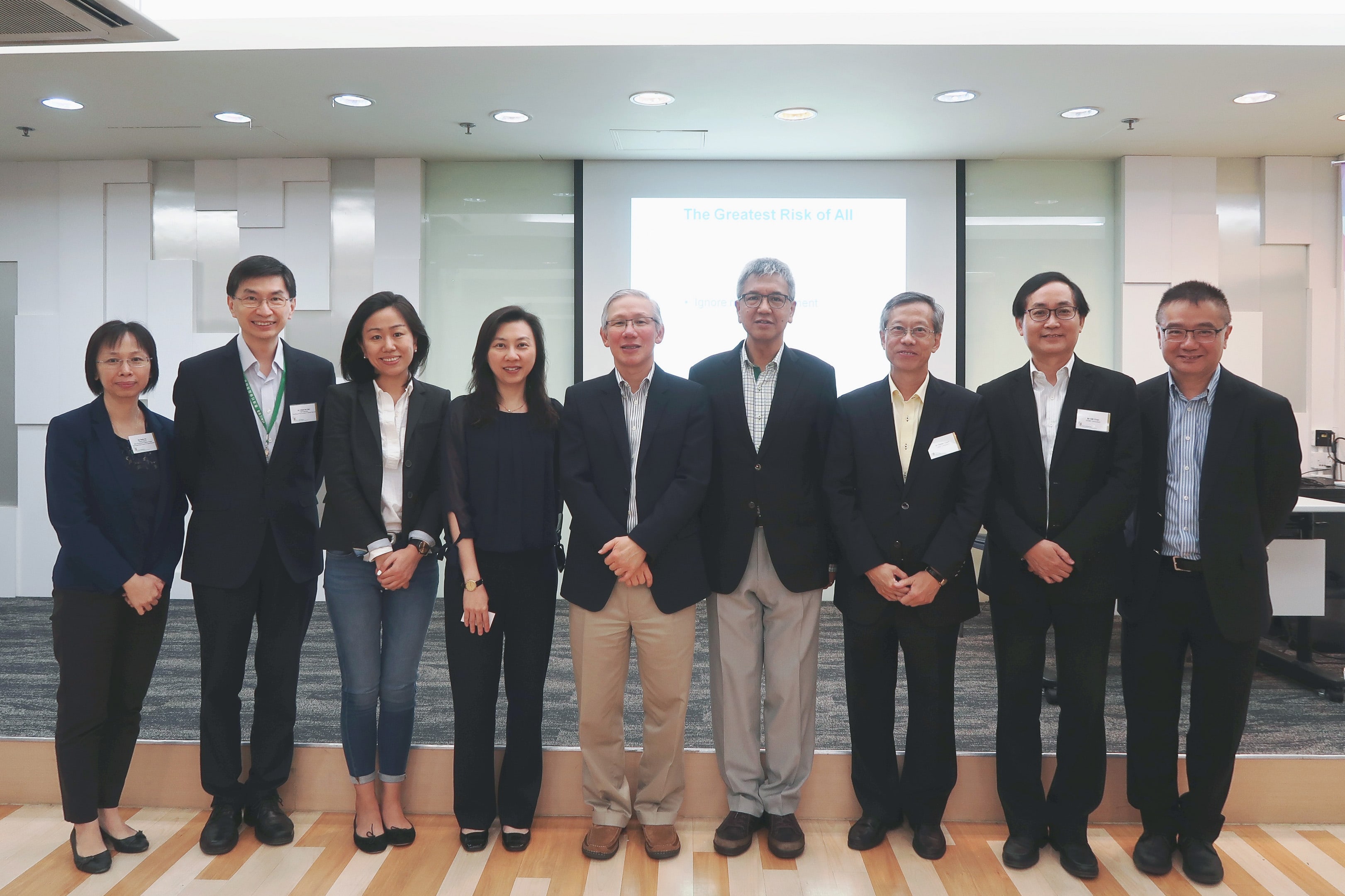 (From left) Ms Stella Ho, Project Director of HKCSS, Mr Chua Hoi Wai, Chief Executive of HKCSS, Dr Norah Wang, Ms Venus Cheng, Dr CK Lo, Mr Benjamin Tang, Mr Walter Chan, Mr K M Chan, Consultants of GAME and Mr Cliff Choi, Business Director of HKCSS