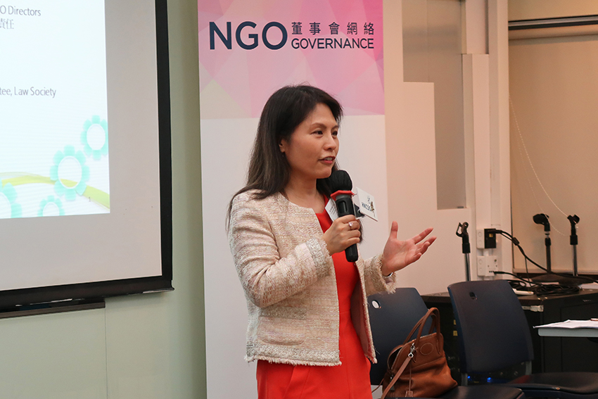 Ms Michelle Chow, member of the Pro Bono Committee of the Law Society of Hong Kong, explained the fiduciary duties and legal liabilities of NGO Directors. She reminded NGO Directors of the 3Ds: Duty of care, skill and diligence, Duty of loyalty and Duty of obedience.